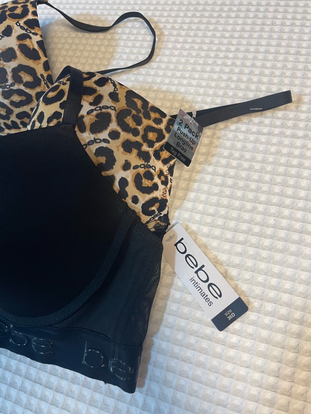bebe Leopard Print and Black Longline Bra Set
